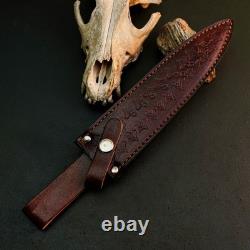 10.4 Stainless Dagger Knife Full Tang Wood Handle Fix Blade Leather Sheath
