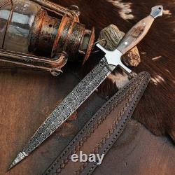 10.5 Damascus Dagger Knife Full Tang Wood Handle Fix Blade Leather Sheath