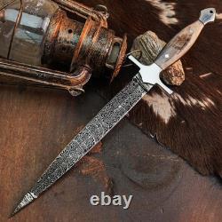 10.5 Damascus Dagger Knife Full Tang Wood Handle Fix Blade Leather Sheath