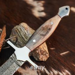 10.5 Damascus Dagger Knife Full Tang Wood Handle Fix Blade Leather Sheath