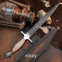 10.5 Damascus Dagger Knife Full Tang Wood Handle Fix Blade Leather Sheath