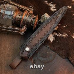 10.5 Damascus Dagger Knife Full Tang Wood Handle Fix Blade Leather Sheath