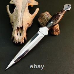 10.6 Stainless Dagger Knife Full Tang Horn Handle Fix Blade Leather Sheath