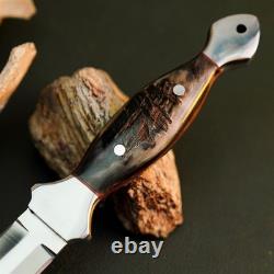 10.6 Stainless Dagger Knife Full Tang Horn Handle Fix Blade Leather Sheath