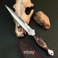 10.6 Stainless Dagger Knife Full Tang Horn Handle Fix Blade Leather Sheath