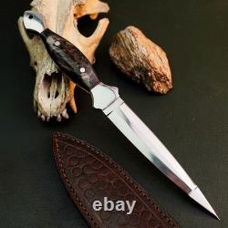 10.6 Stainless Dagger Knife Full Tang Horn Handle Fix Blade Leather Sheath