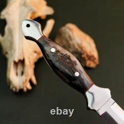 10.6 Stainless Dagger Knife Full Tang Horn Handle Fix Blade Leather Sheath