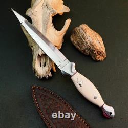 10.6 Stainless Dagger Knife Full Tang Resin Handle Fix Blade Leather Sheath