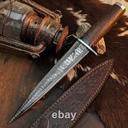10.8 Damascus Dagger Knife Full Tang Wood Handle Fix Blade Leather Sheath