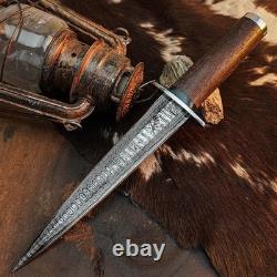 10.8 Damascus Dagger Knife Full Tang Wood Handle Fix Blade Leather Sheath