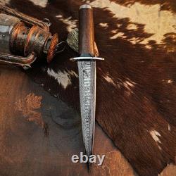 10.8 Damascus Dagger Knife Full Tang Wood Handle Fix Blade Leather Sheath