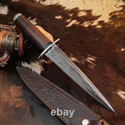 10.8 Damascus Dagger Knife Full Tang Wood Handle Fix Blade Leather Sheath