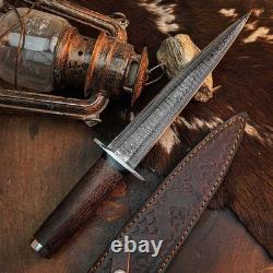 10.8 Damascus Dagger Knife Full Tang Wood Handle Fix Blade Leather Sheath