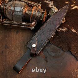 10.8 Damascus Dagger Knife Full Tang Wood Handle Fix Blade Leather Sheath