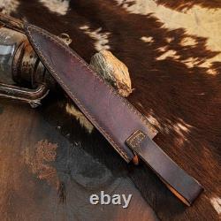 10.8 Damascus Dagger Knife Full Tang Wood Handle Fix Blade Leather Sheath