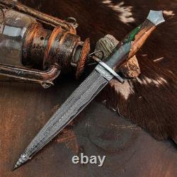 11.0 Damascus Dagger Knife Full Tang Wood Handle Fix Blade Leather Sheath