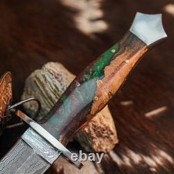 11.0 Damascus Dagger Knife Full Tang Wood Handle Fix Blade Leather Sheath