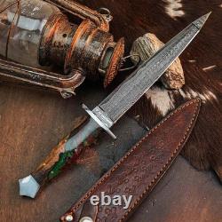 11.0 Damascus Dagger Knife Full Tang Wood Handle Fix Blade Leather Sheath