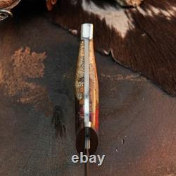 11.0 Damascus Dagger Knife Full Tang Wood Handle Fix Blade Leather Sheath
