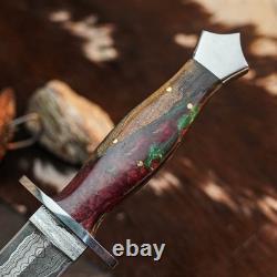 11.0 Damascus Dagger Knife Full Tang Wood Handle Fix Blade Leather Sheath