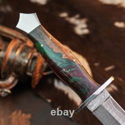 11.0 Damascus Dagger Knife Full Tang Wood Handle Fix Blade Leather Sheath