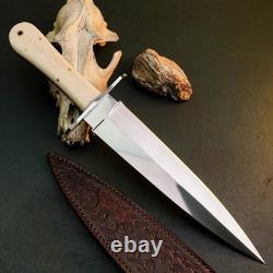 11.0 Stainless Dagger Knife Full Tang Wood Handle Fix Blade Leather Sheath