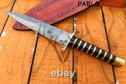 11CUSTOM HANDMADE Damascus Hunting DAGGER Knife Gift for Father- Leather Sheath