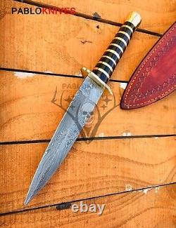 11CUSTOM HANDMADE Damascus Hunting DAGGER Knife Gift for Father- Leather Sheath