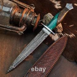 12.0 Damascus Dagger Knife Full Tang Wood Handle Fix Blade Leather Sheath 12.0 Damascus Dagger Knife Full Tang Wood Handle Fix Blade Leather Sheath