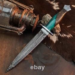 12.0 Damascus Dagger Knife Full Tang Wood Handle Fix Blade Leather Sheath