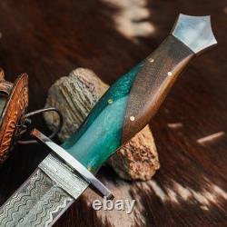 12.0 Damascus Dagger Knife Full Tang Wood Handle Fix Blade Leather Sheath
