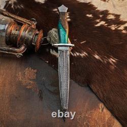 12.0 Damascus Dagger Knife Full Tang Wood Handle Fix Blade Leather Sheath