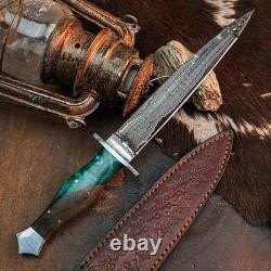 12.0 Damascus Dagger Knife Full Tang Wood Handle Fix Blade Leather Sheath