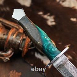 12.0 Damascus Dagger Knife Full Tang Wood Handle Fix Blade Leather Sheath