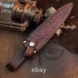 12.0 Damascus Dagger Knife Full Tang Wood Handle Fix Blade Leather Sheath