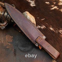 12.0 Damascus Dagger Knife Full Tang Wood Handle Fix Blade Leather Sheath