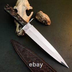 12.0 Stainless Dagger Knife Full Tang Wood Handle Fix Blade Leather Sheath