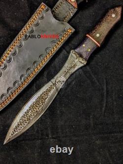 12 Old Hand Forged Damascus Steel Hunting Dagger Micarta Handle + Cover