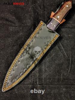 12 Old Hand Forged Damascus Steel Hunting Dagger Micarta Handle + Cover