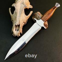 13.1 Stainless Dagger Knife Full Tang Wood Handle Fix Blade Leather Sheath