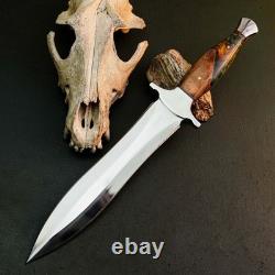 13.2 Stainless Dagger Knife Full Tang Wood Handle Fix Blade Leather Sheath