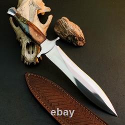13.2 Stainless Dagger Knife Full Tang Wood Handle Fix Blade Leather Sheath