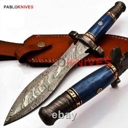 13 Custom Hand Forged Damascus Steel Blue Bone Handle Hunting Dagger Knife