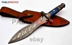 13 Custom Hand Forged Damascus Steel Blue Bone Handle Hunting Dagger Knife