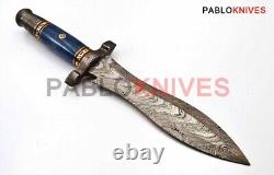 13 Custom Hand Forged Damascus Steel Blue Bone Handle Hunting Dagger Knife