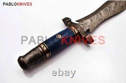 13 Custom Hand Forged Damascus Steel Blue Bone Handle Hunting Dagger Knife