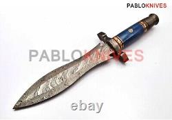 13 Custom Hand Forged Damascus Steel Blue Bone Handle Hunting Dagger Knife