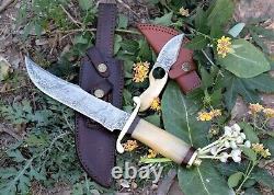 13 Custom Handmade Damascus Steel Dagger Knife, Camel Bone + Brass Clip