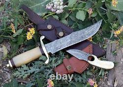 13 Custom Handmade Damascus Steel Dagger Knife, Camel Bone + Brass Clip