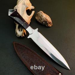 14.8 Stainless Dagger Knife Full Tang Bone Handle Fix Blade Leather Sheath